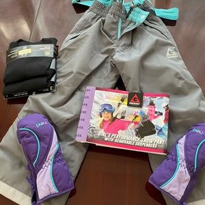 unisex kids snow pants, mittens and long johns